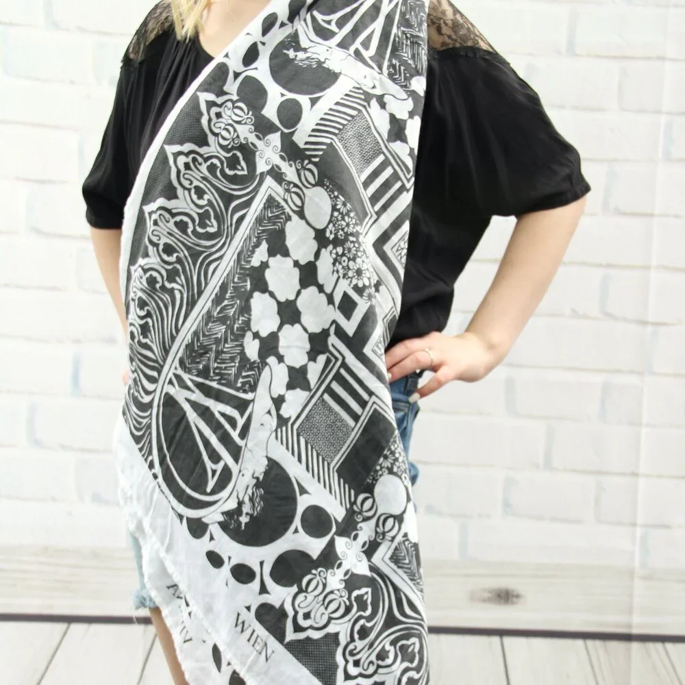 Vintage Deco Nouveau Verna Design B&W Square Cotton Scarf